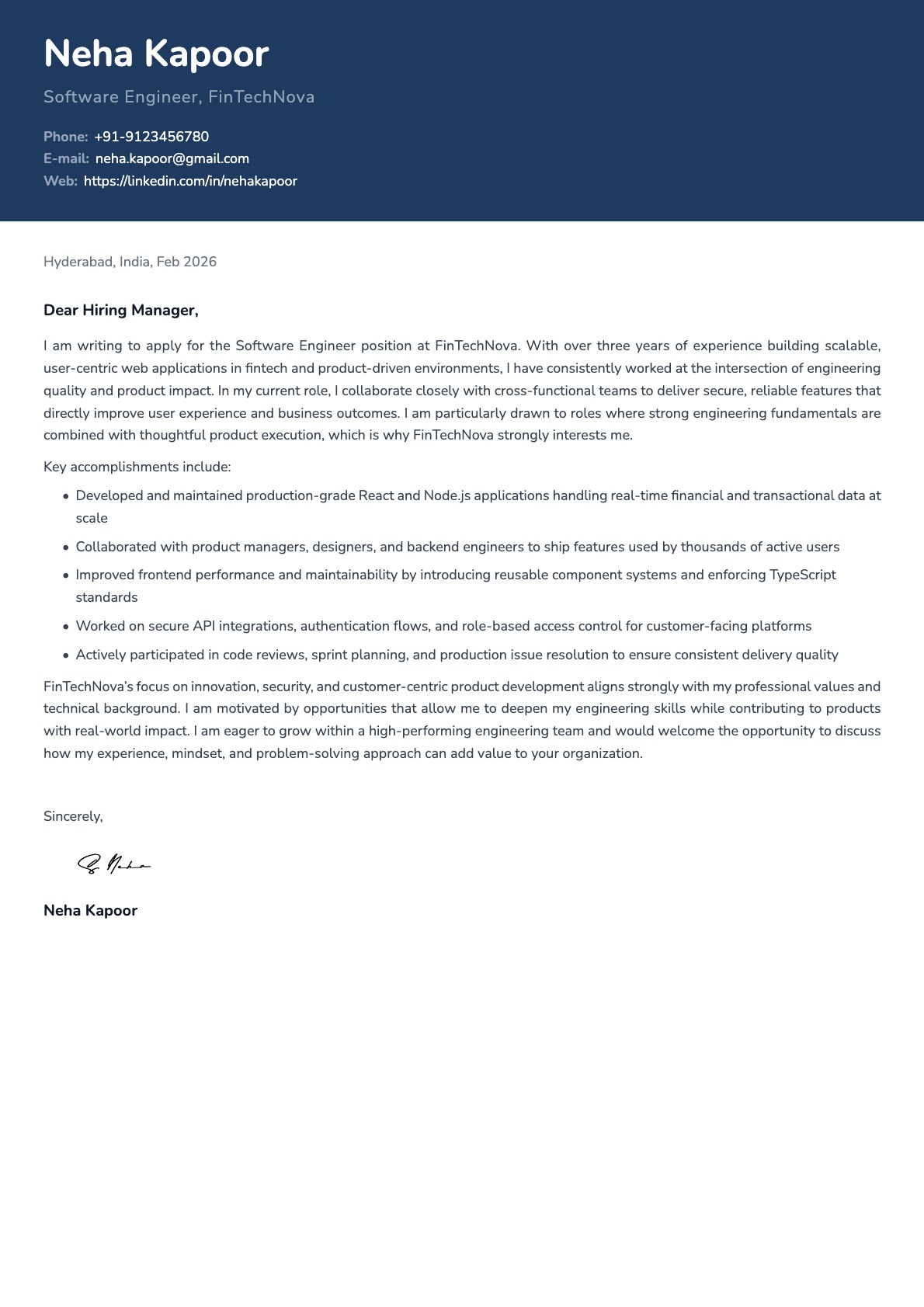 Standard cover letter template preview